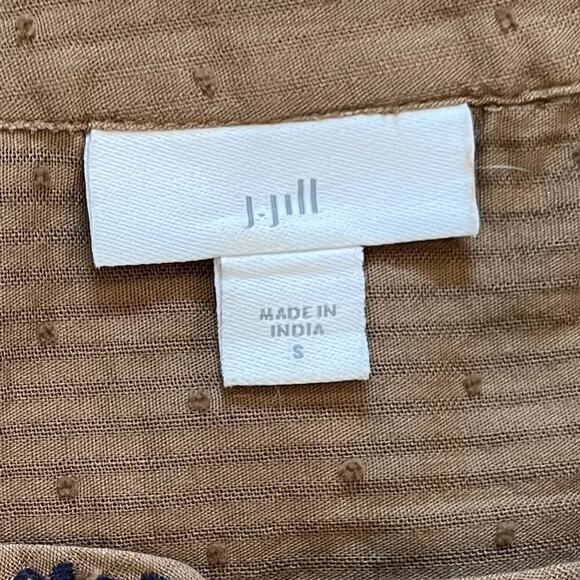 J. Jill Cotton Brown Embroidered Floral Swiss Dot Button Down Peasant Blouse S - Picture 10 of 14